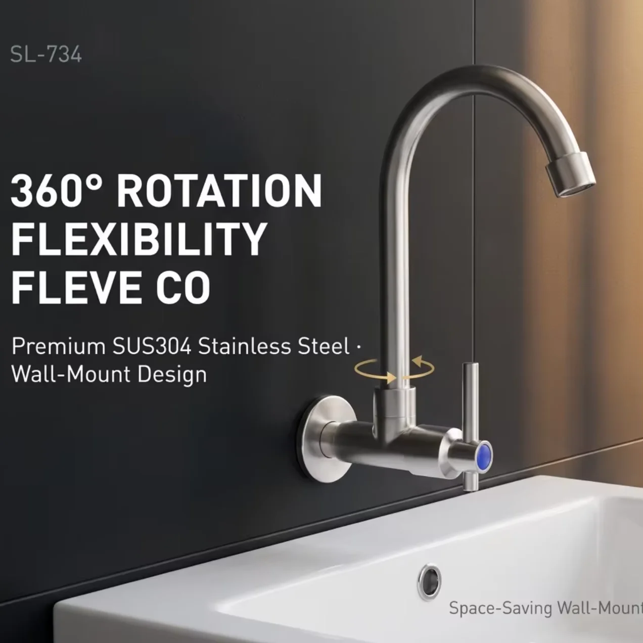 SuLin SL-734 SUS304 不锈钢单冷水龙头，壁挂式 360 ° 适用于阳台和洗衣房的旋转水龙头
