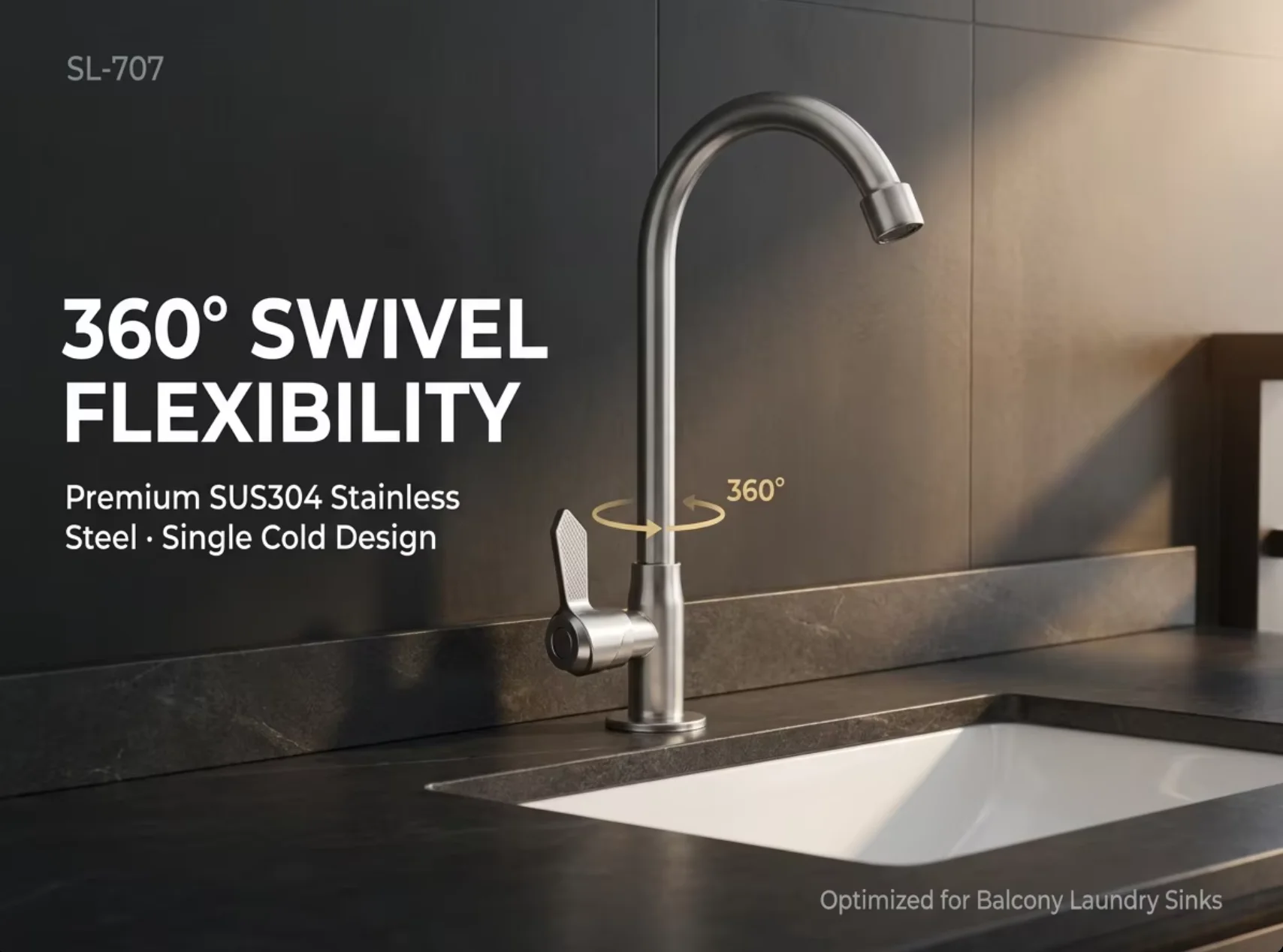 SuLin SL-707 SUS304 不锈钢单冷水龙头,360度旋转 ° 适用于阳台和洗衣房的旋转高弧形水槽水龙头 详情图 1