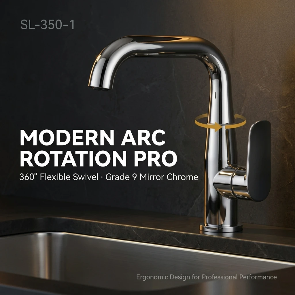 SL-350-1 现代弧形厨房水龙头 360 度旋转喷嘴冷热水混合水龙头 9 级镜面镀铬黄铜水槽水龙头