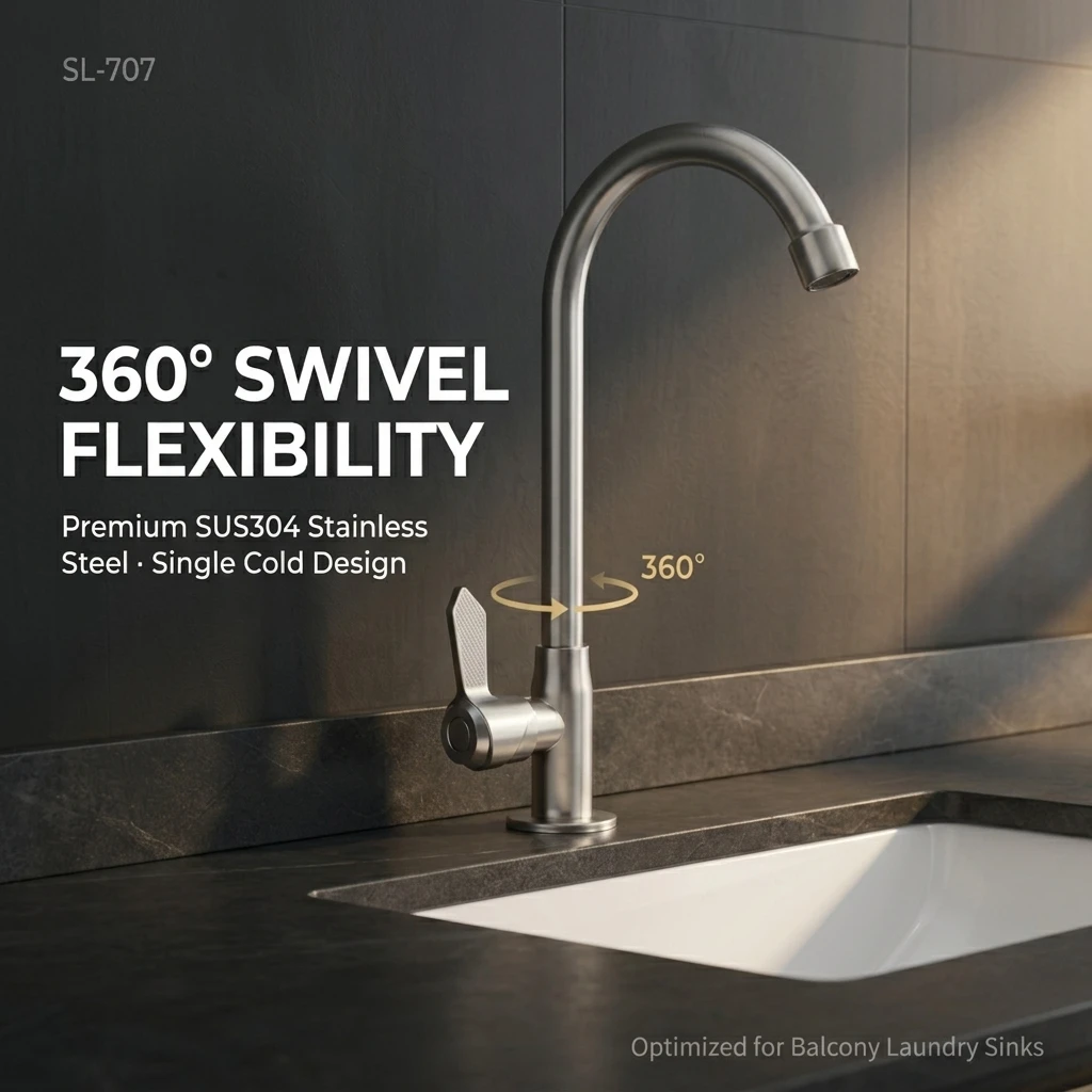 SuLin SL-707 SUS304 不锈钢单冷水龙头，360度旋转 ° 适用于阳台和洗衣房的旋转高弧形水槽水龙头